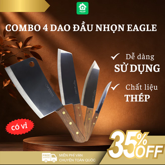 Bộ 4 dao thái thịt EAGLE cán gỗ, dao gọt hoa quả đa năng nhiều kích cỡ inox bóng loáng không gỉ - Nhà Bếp Thiên Hà