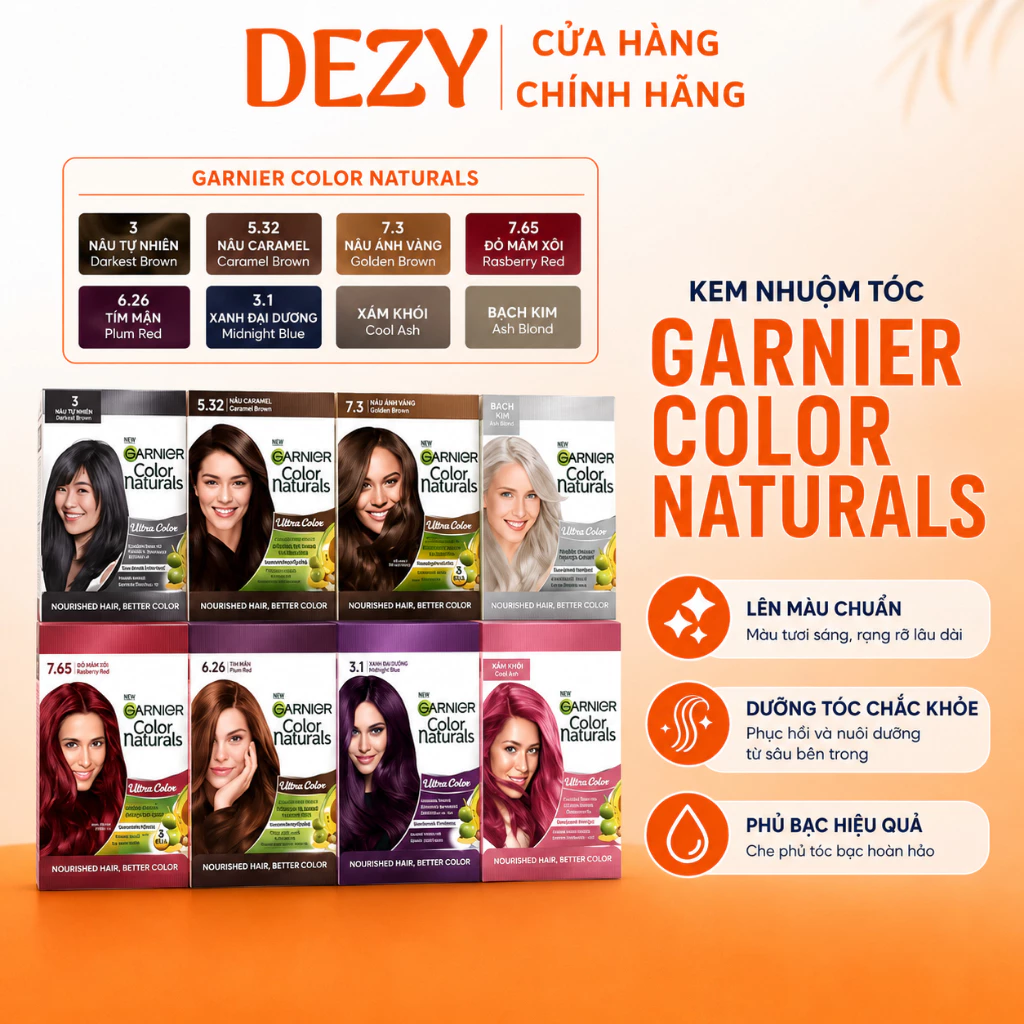 Kem Nhuộm Tóc Garnier Hộp Gói Chính Hãng - Nhuộm Tại Nhà Nâu Lạnh Bạch Kim Xám Khói Nâu Caramel Nhuộm Tóc Tại Nhà Dezy