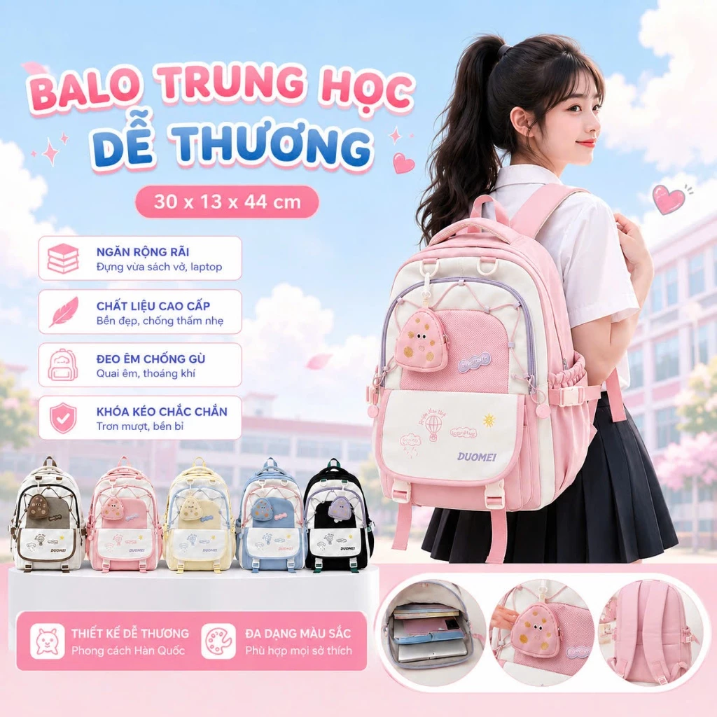 Balo Trung Học Nữ Hàn Quốc Dễ Thương 30x13x44cm – Balo Đi Học Nhiều Ngăn, Đựng Sách Vở Laptop, Quai Đeo Êm