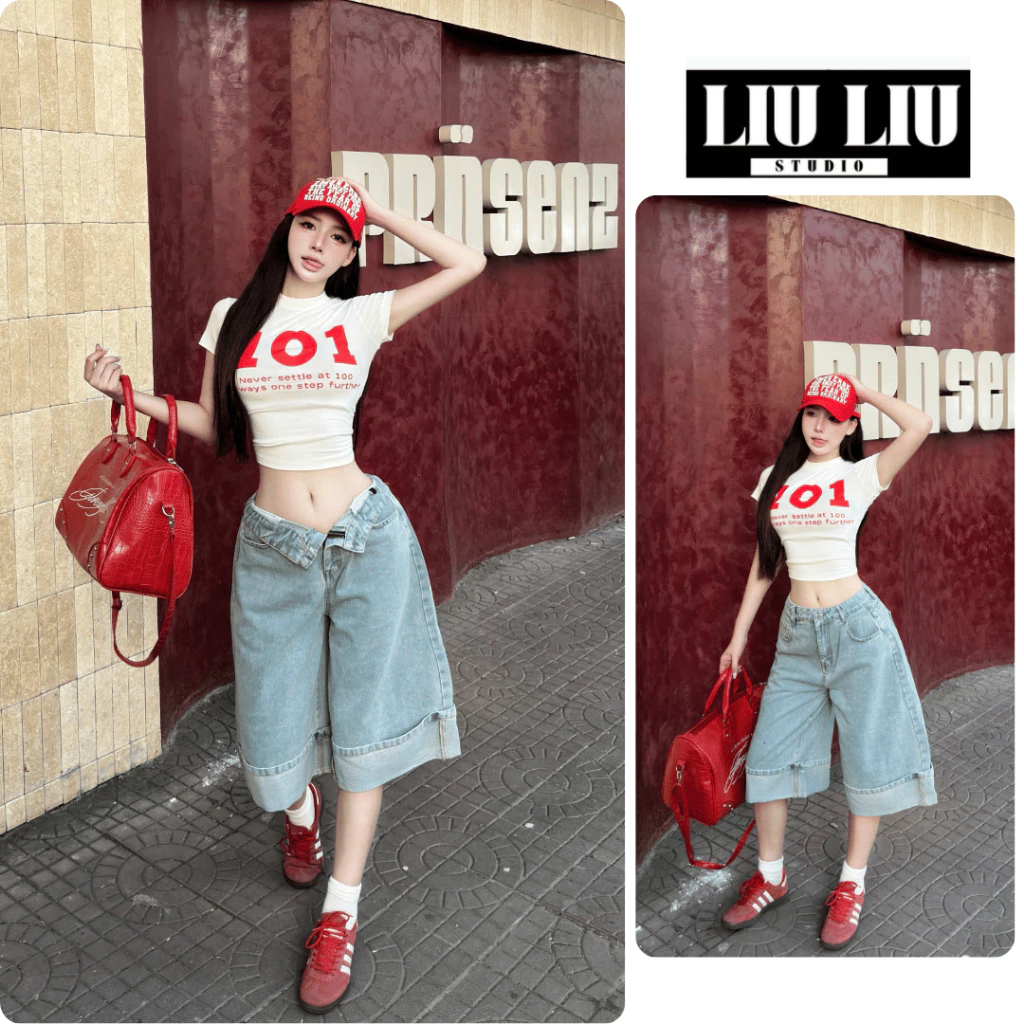 Quần ngố jean nữ ống rộng lật gấu cạp thấp dáng baggy denim phong cách y2k cá tính trẻ trung L54