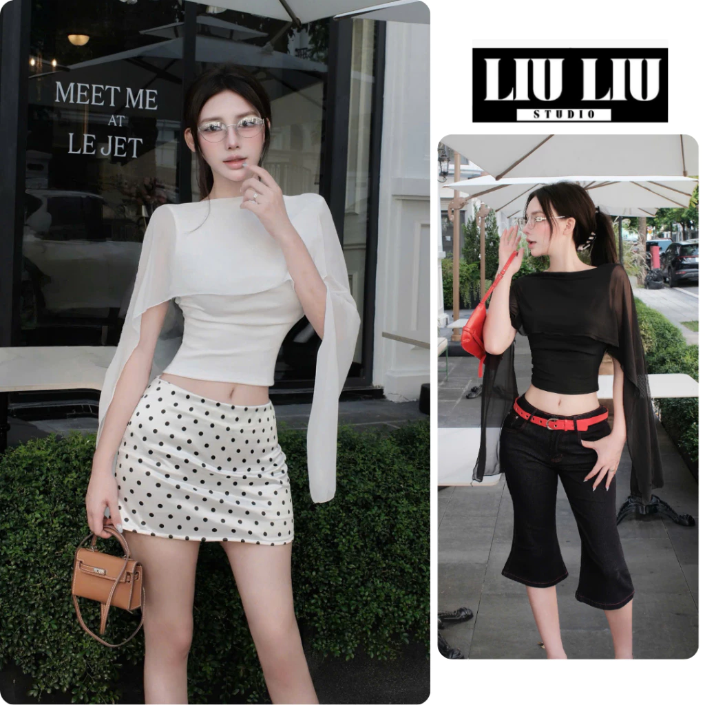 Áo thun nữ tay lưới LIULIU STUDIO choàng kiểu pháp croptop ôm dáng thun tăm lạnh thanh lịch 2 màu trắng đen L58