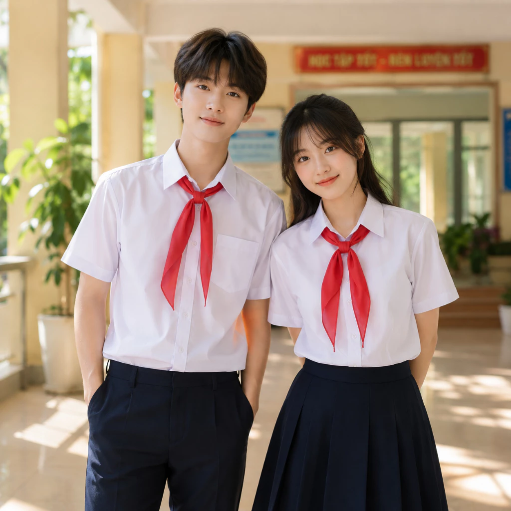 Áo Sơ Mi Đồng Phục Học Sinh Màu Trắng Xanh – Nam Nữ Cộc Tay Dài Tay – Đủ Size Chuẩn Nhà Trường Từ 18-85kg
