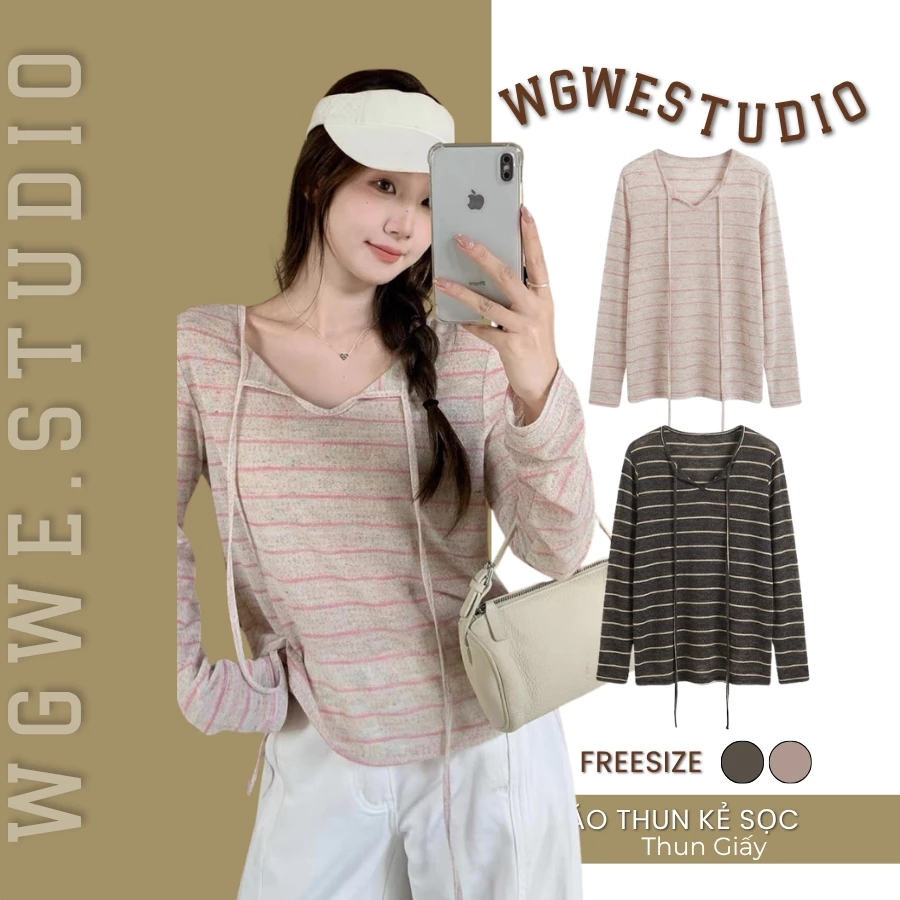 WGWE Studio - Áo Thun Kẻ Sọc Tay Dài Nữ Buộc Nơ Cổ, Form Rộng Mỏng Mát Basic 10746