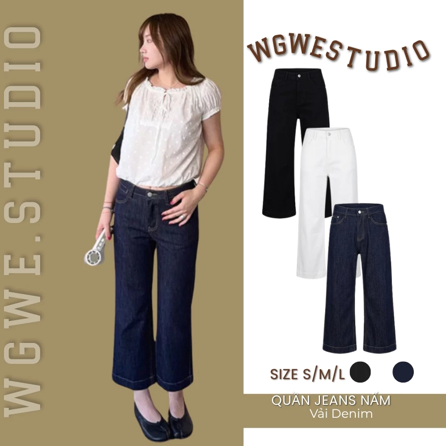 ENEN Quần Jeans Nữ Ống Suông Dáng Nấm - Quần Bò Ống Rộng Co Giãn Cạp Cao Basic 10371