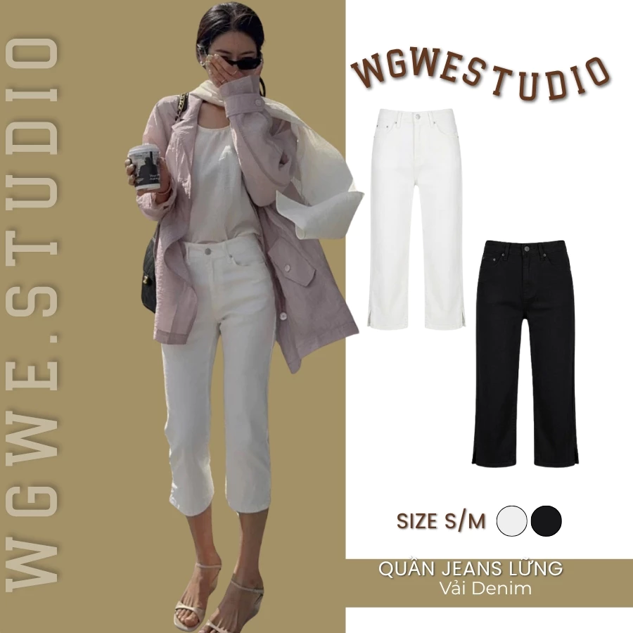 WGWE Studio - Quần Jeans Lửng Nữ Ống Suông Cạp Cao, Quần Bò Lỡ Suông Vintage Basic 10347