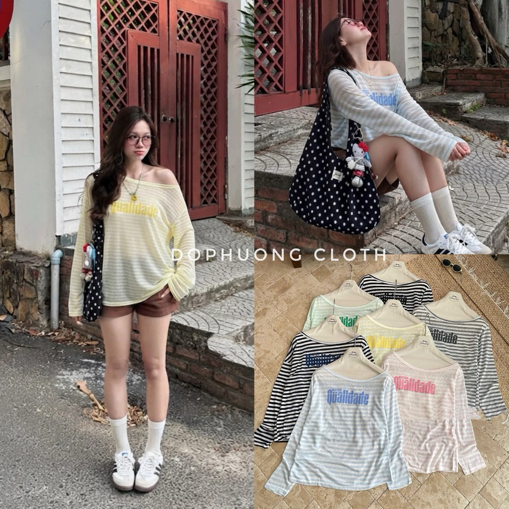 (Hàng L1 sẵn - video chính chủ) Áo thun giấy mỏng lệch vai Kiểu Hoạ Tiết Sọc Dài Tay Trendy Nữ Tính cho mùa hè - thu