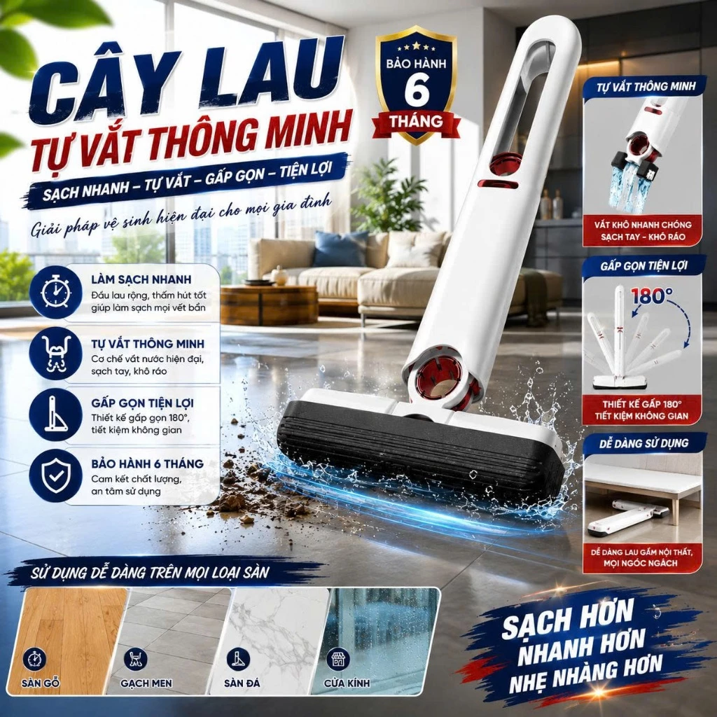 Cây lau bàn bếp tự vắt thông minh, Cây lau đa năng siêu thấm hút, làm sạch cực nhanh, nhỏ gọn tiện lợi