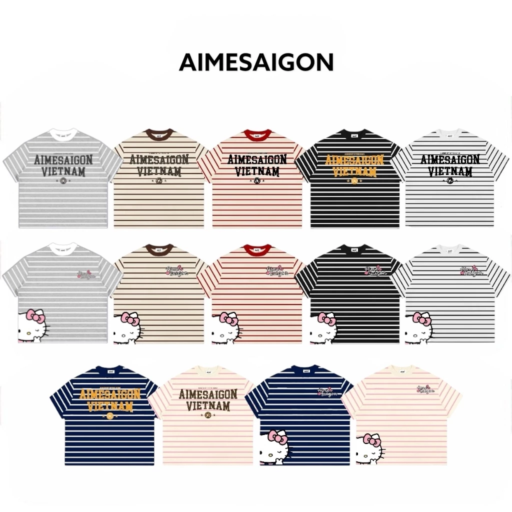 [TNSN] Áo Thun Boxy AIMÉ Sọc Ngang Cổ Tròn Borip QC Striped "CHỮ-Mèo Kitty" Form Rộng Áo Phông Nữ Kiểu Đẹp Nam Nữ Basic