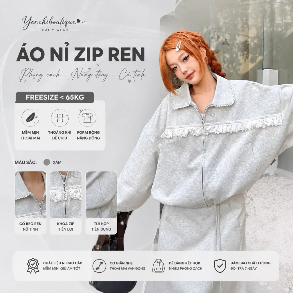 Áo Khoác Thêu Ren Cổ Bẻ Phối Viền Nữ. Áo Nỉ dáng rộng phong cách Hàn quốc