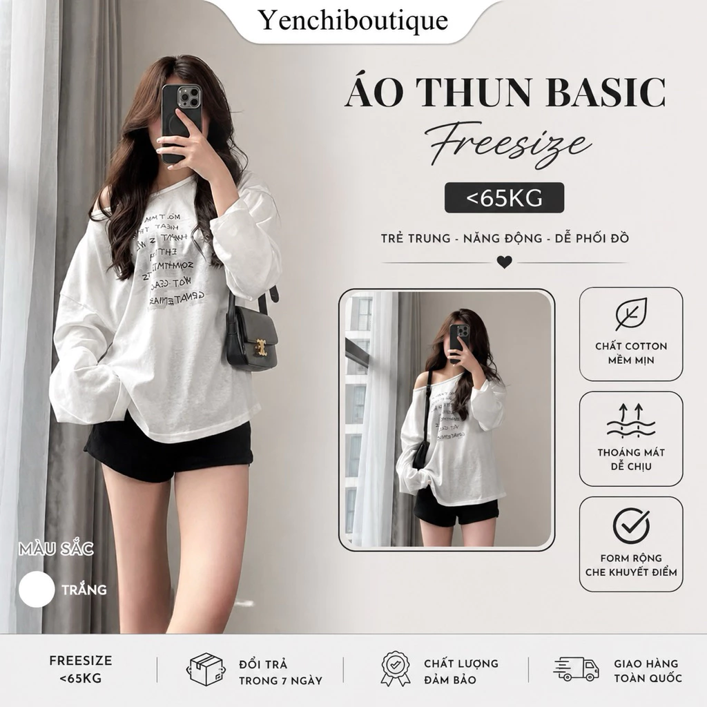Áo thun xước lệch vai dài tay in chữ . Áo phông giấy mỏng dáng suông sexy