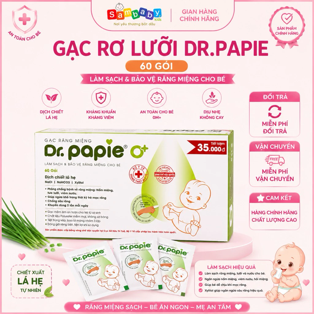 Gạc Rơ Lưỡi Dr Papie Hộp 60 Gói Chính Hãng – Gạc Rơ Miệng Cho Bé, Vệ Sinh Lưỡi Nướu Răng, Chống Tưa Lưỡi Từ Sơ Sinh