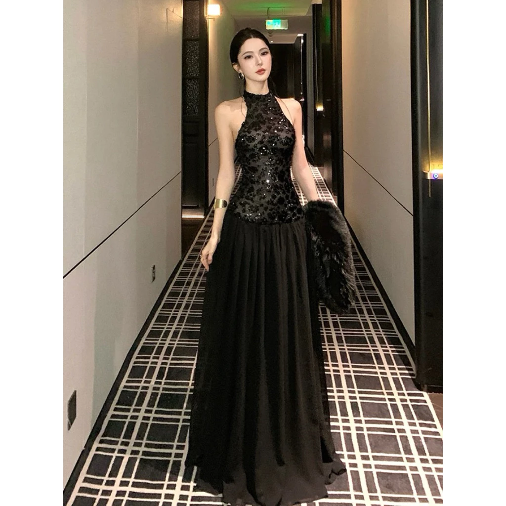 Đầm Dạ Hội Đen Cổ Yếm Sequin Dáng Dài Sang Trọng Dự Tiệc Cưới Tiệc Tối