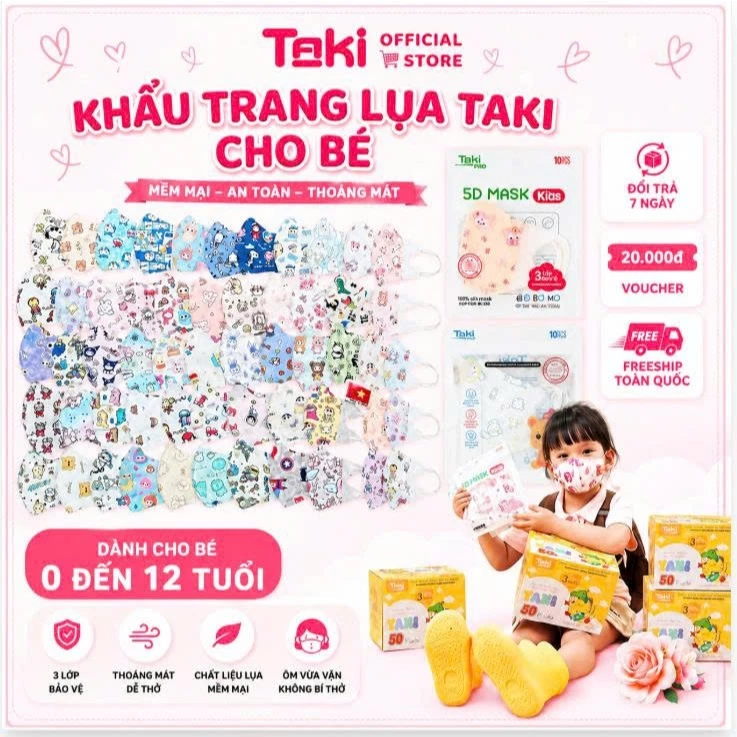 [SET 100 Cái] Khẩu trang Vải Lụa 5d bé Taki cao cấp Mềm Mịn - Ngăn Ngừa Bụi Mịn - Chống Tia UV