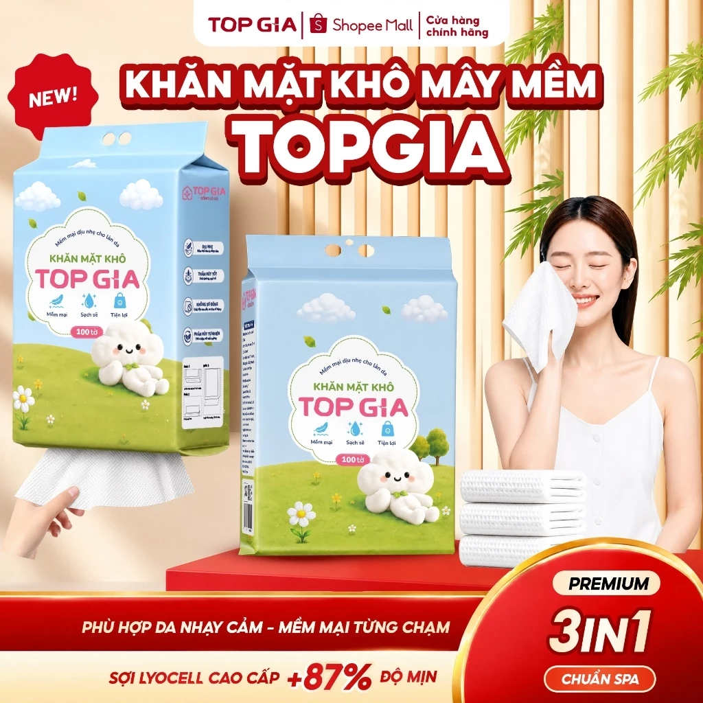 [DEAL MỞ BÁN] Khăn Mặt Khô Cao Cấp TOPGIA An Toàn, Lành Tính, Dịu Nhẹ Cho Da, Bịch 100 Tờ