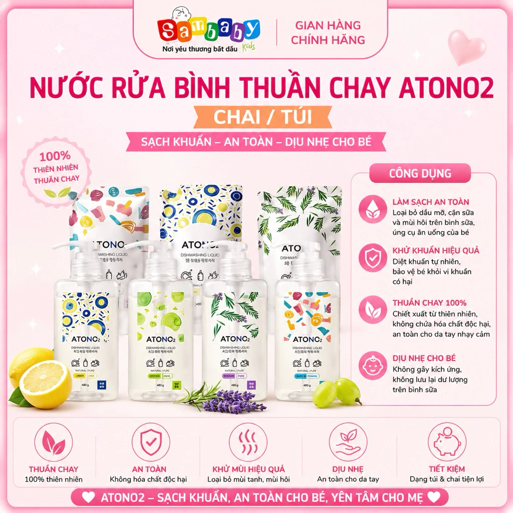 Nước Rửa Bình Sữa Thuần Chay ATONO2 460ml Chính Hãng Hàn Quốc – Rửa Bình, Rau Củ Quả, Chén Bát Cho Bé Từ 0+, Đậm Đặc