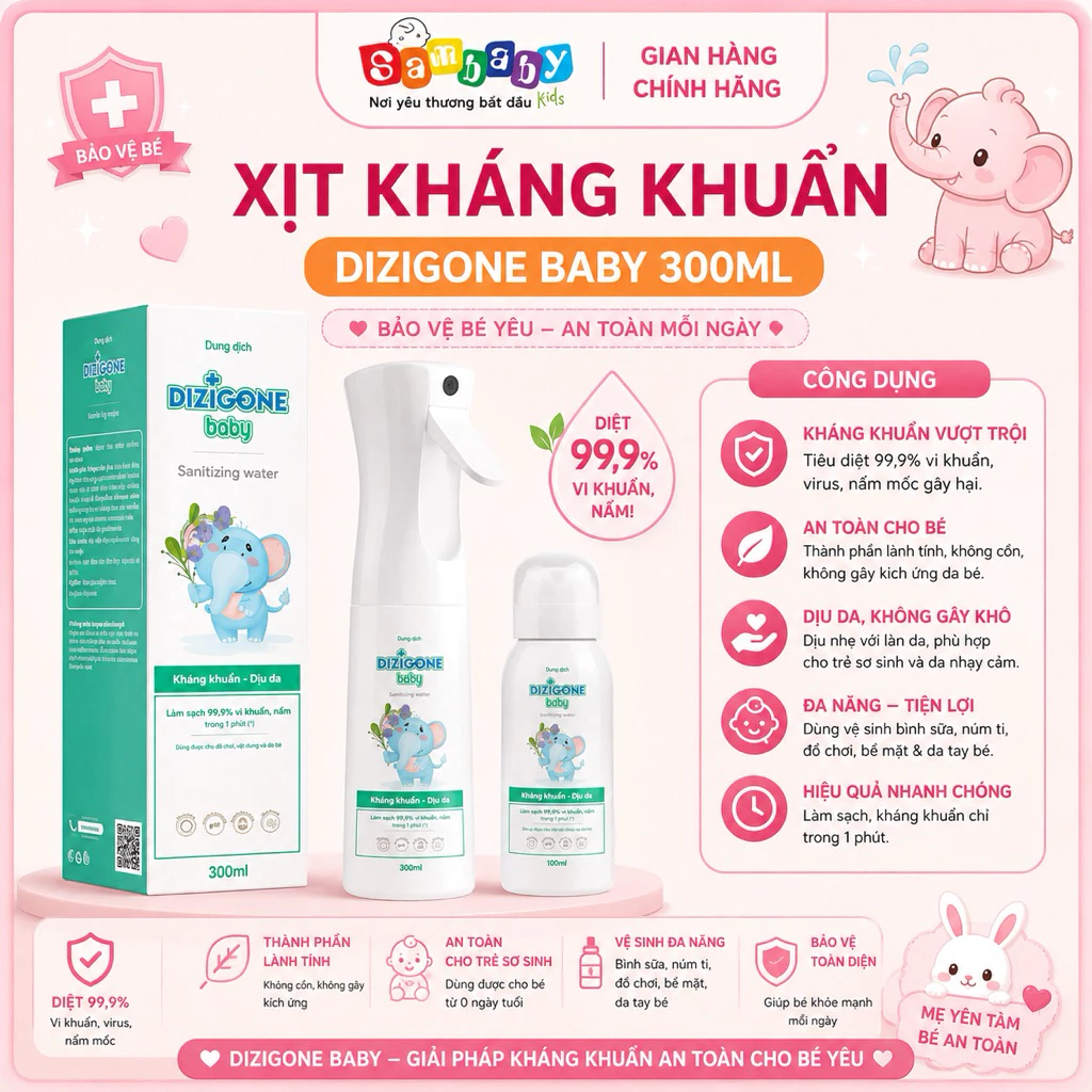 Xịt Khuẩn Dizigone Baby 300ml Chính Hãng - Xịt Kháng Khuẩn Cho Trẻ Sơ Sinh, Không Cồn Không Cay, Khử Khuẩn An Toàn