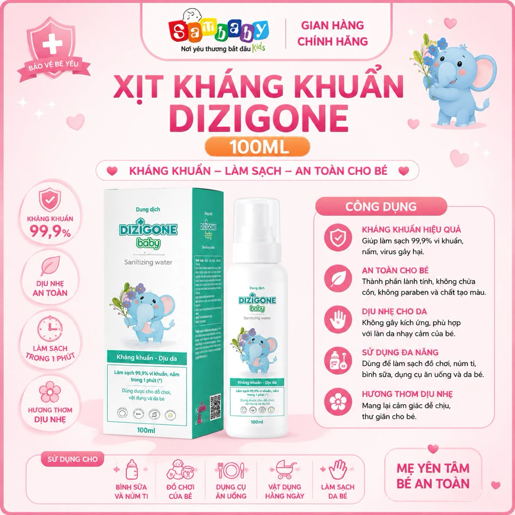 Dizigone Baby 100ml – Xịt Kháng Khuẩn An Toàn Cho Bé Sơ Sinh | Diệt 99.9% Vi Khuẩn | Dùng Cho Da, Miệng, Đồ Chơi