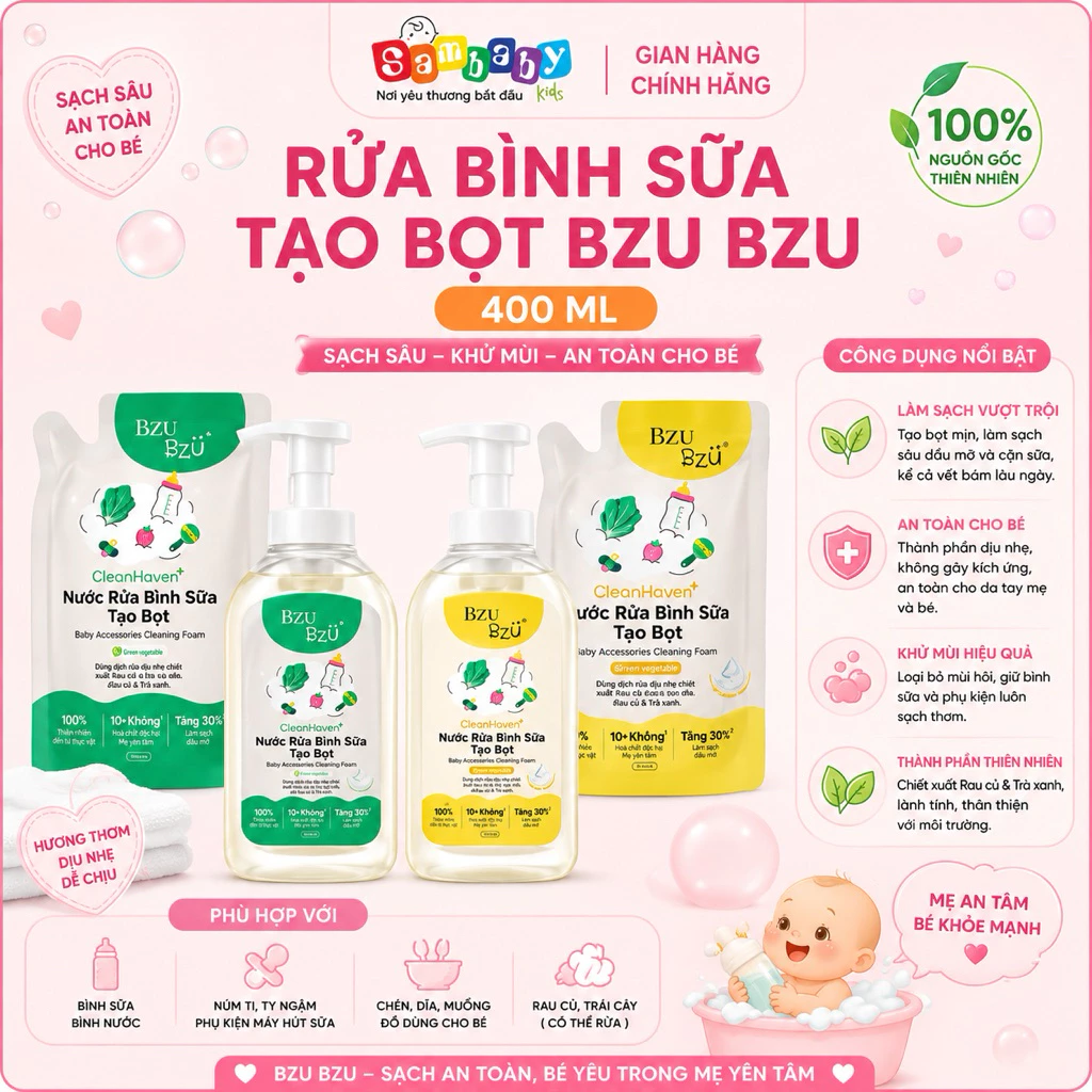 Rửa Bình Sữa Tạo Bọt BZU BZU CleanHaven 400ml Tạo Bọt Sẵn, Thành Phần Thực Vật, Rửa Rau Củ Quả An Toàn