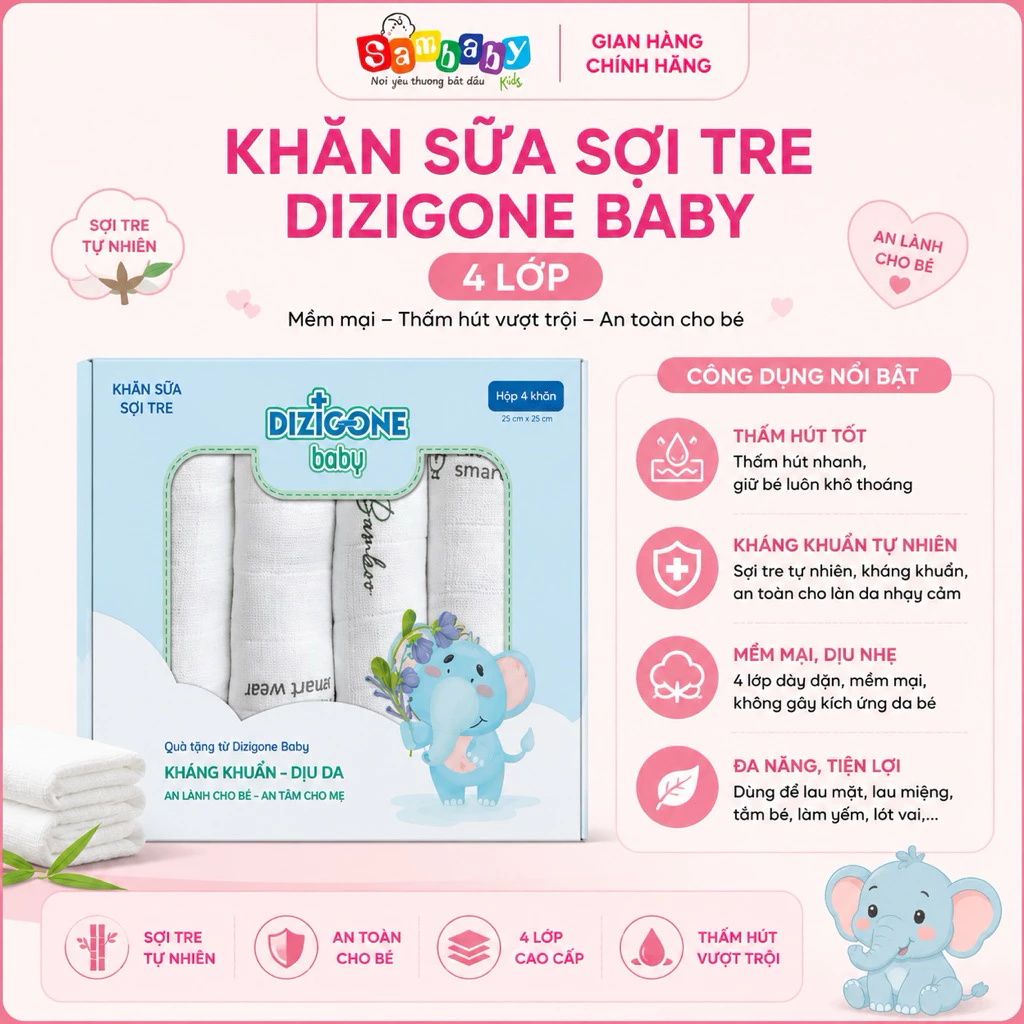 HỘP 4 KHĂN SỮA SỢI TRE DIZIGONE BABY 2 LỚP – MỀM MỊN, THẤM HÚT, AN TOÀN CHO BÉ