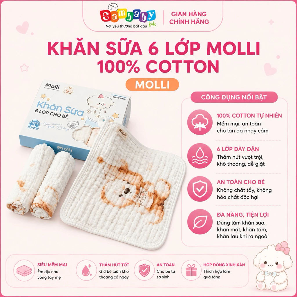 Khăn Sữa 6 Lớp Molli 100% Cotton Mềm Mại Cho Bé – Khăn Lau, Yếm Ăn, Thấm Hút Tốt (Set 3 Khăn 27x27cm)