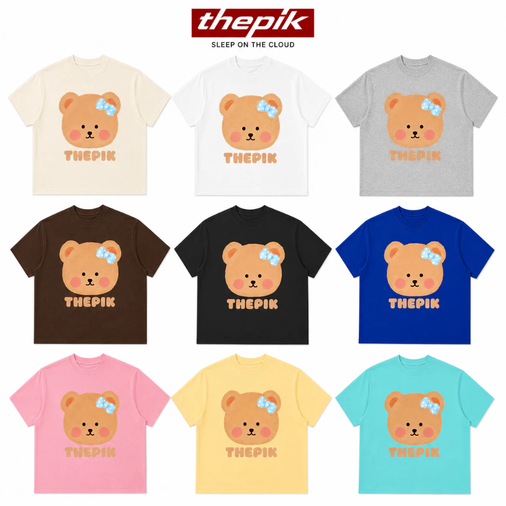 Áo thun boxy nữ Gấu Teddy  Nơ Xanh xinh yêu The Pik chất thun cotoon mềm mịn thoáng mát co dãn cực tốt