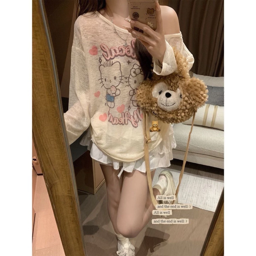 𝐘𝐮𝐫𝐢.𝐬𝐭𝐨𝐫𝐞 Áo Phông Giấy Lệch Vai Hình Cute Mỏng Mát Dành Cho Mùa Thu