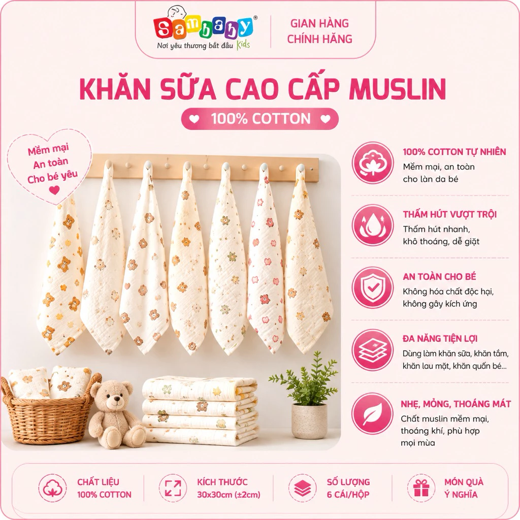 Sét 6 khăn sữa cao cấp Muslin cho bé Mipbi KSML01