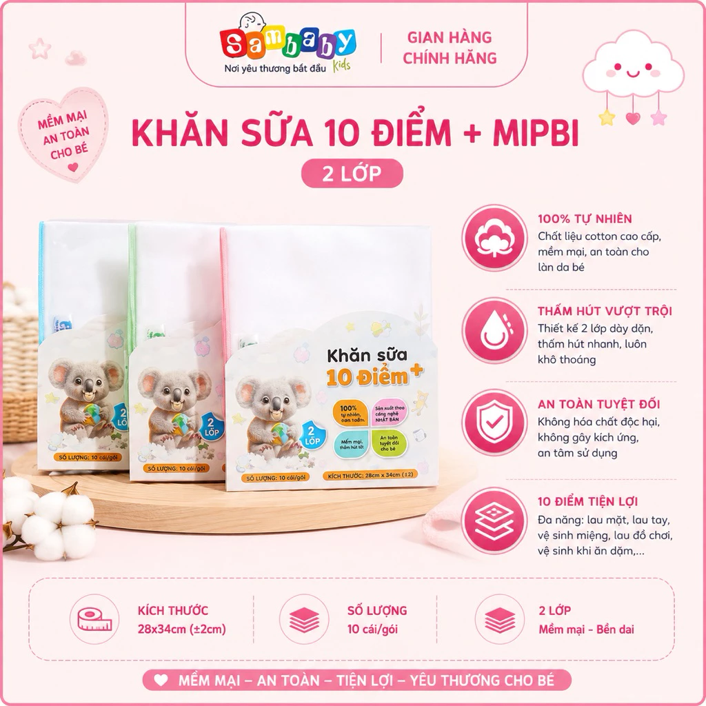 khăn sữa cotton Mipbi cho bé 10 điểm +