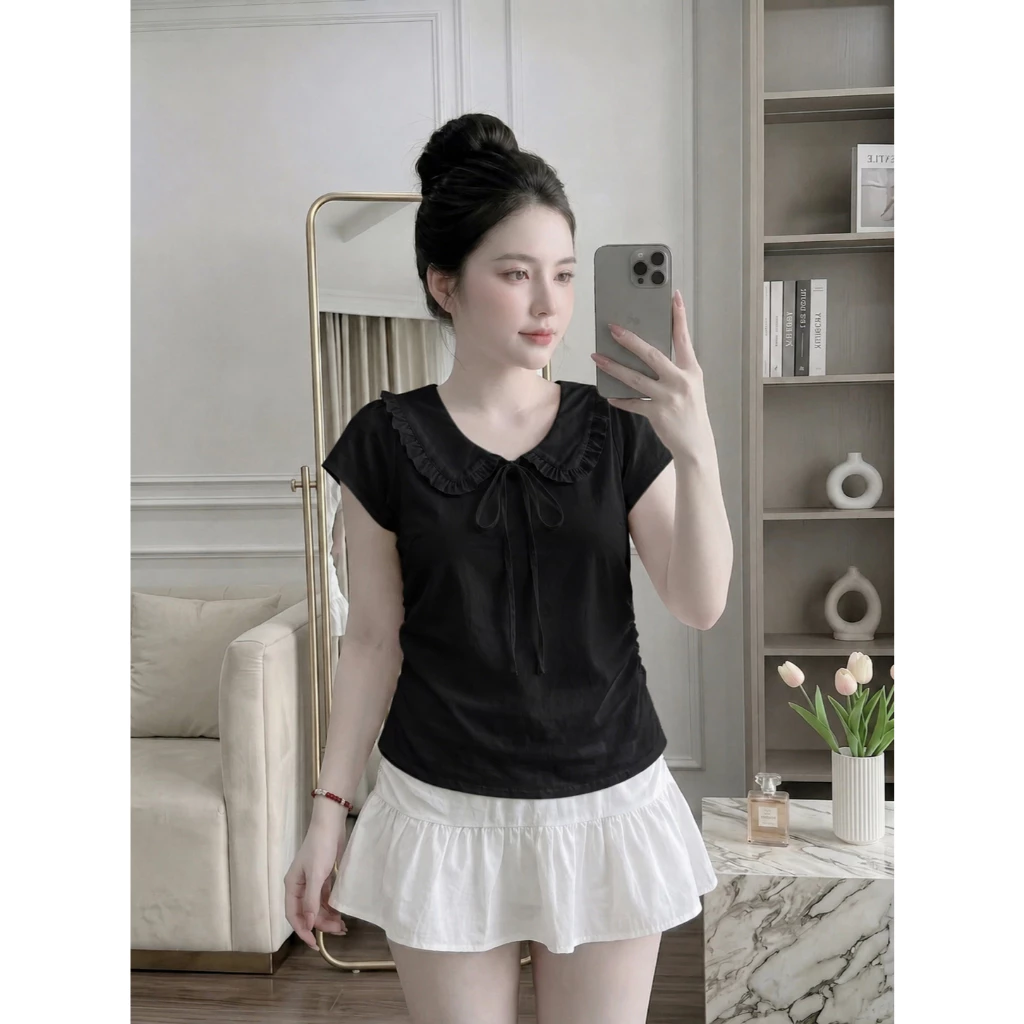 🌸 ÁO NỮ CỔ BÈO NHÚN BUỘC NƠ – ÁO TAY PHỒNG HÀN QUỐC THANH LỊCH Y50