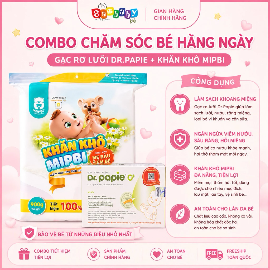 Combo Gạc Rơ Lưỡi Dr Papie + Khăn Khô Mipbi Cho Bé Sơ Sinh | Vệ Sinh Miệng & Da An Toàn