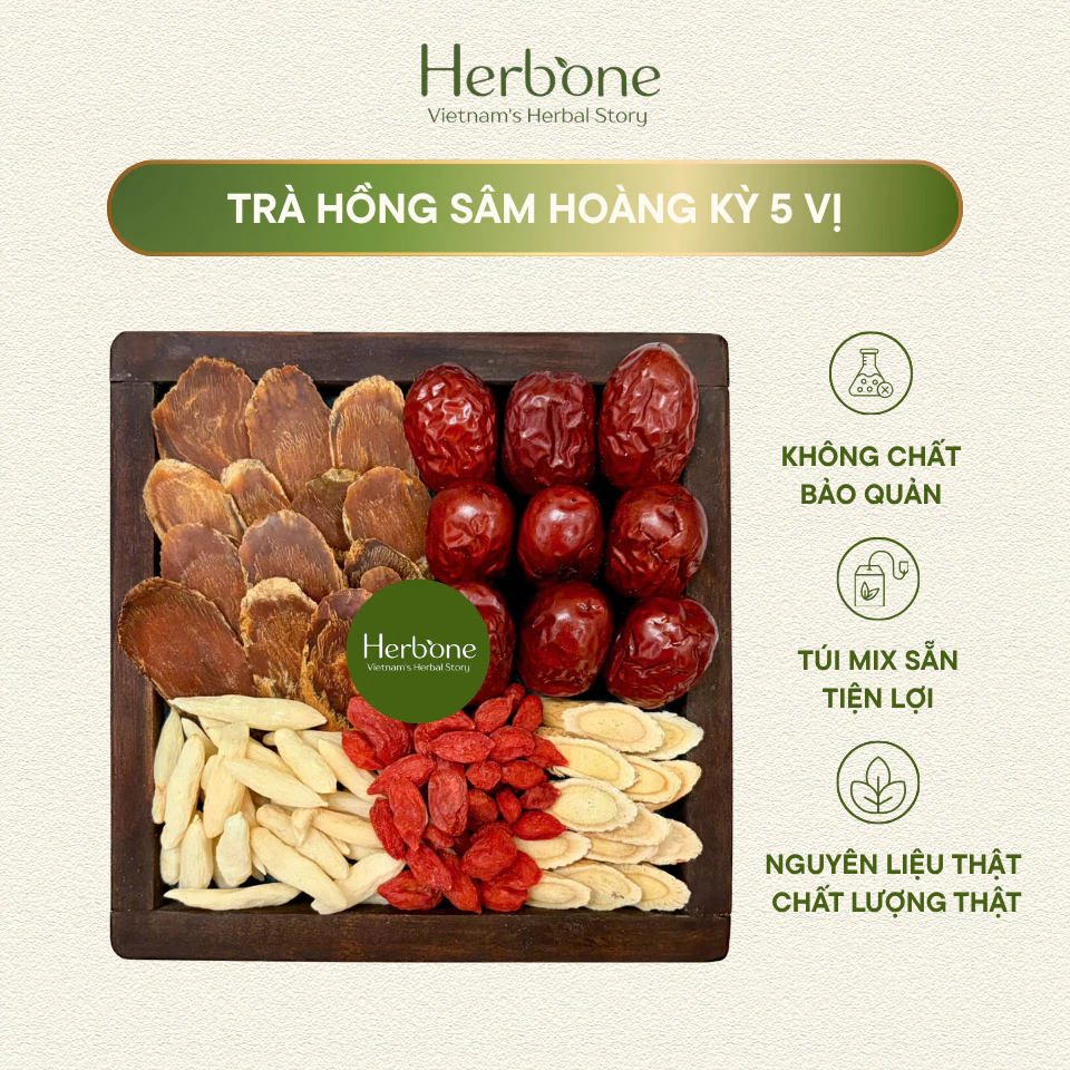 Trà Đại Bổ Khí Huyết Hồng Sâm Hoàng Kỳ 5 Vị HERBONE Đẹp Da Bổ Thận Tăng Sinh Lực