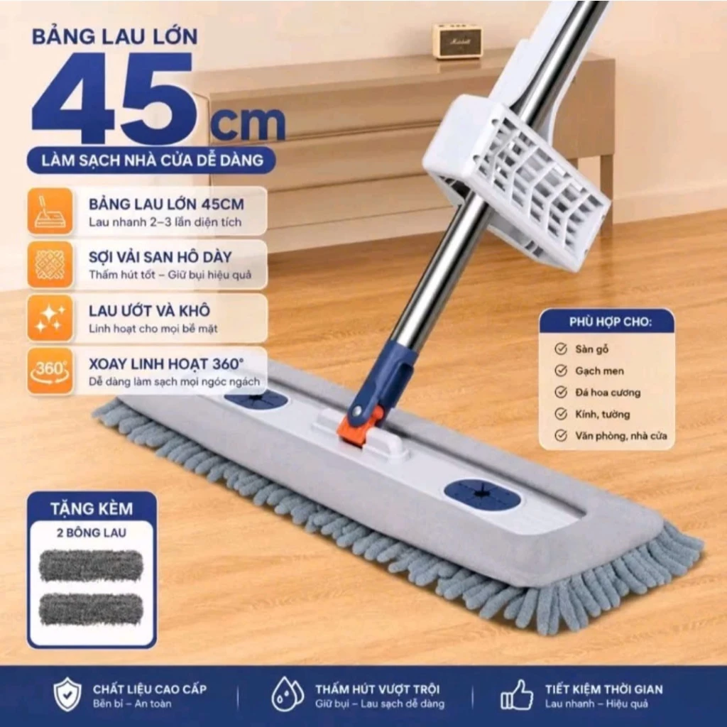 Cây Lau Nhà Tự Vắt 45cm Bông San Hô Microfiber Siêu Thấm Hút, Khô Nhanh Không Cần Lau Lại