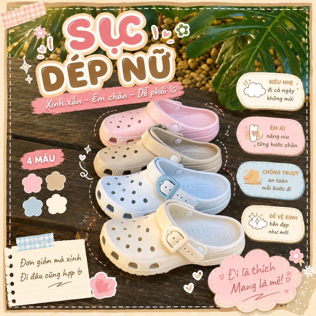 (TẶNG CHARM MIX) Dép sục nữ chất liệu an toàn, quai hậu có khuy đế cao 3cm, siêu xinh phù hợp đi hàng ngày dễ phối đồ
