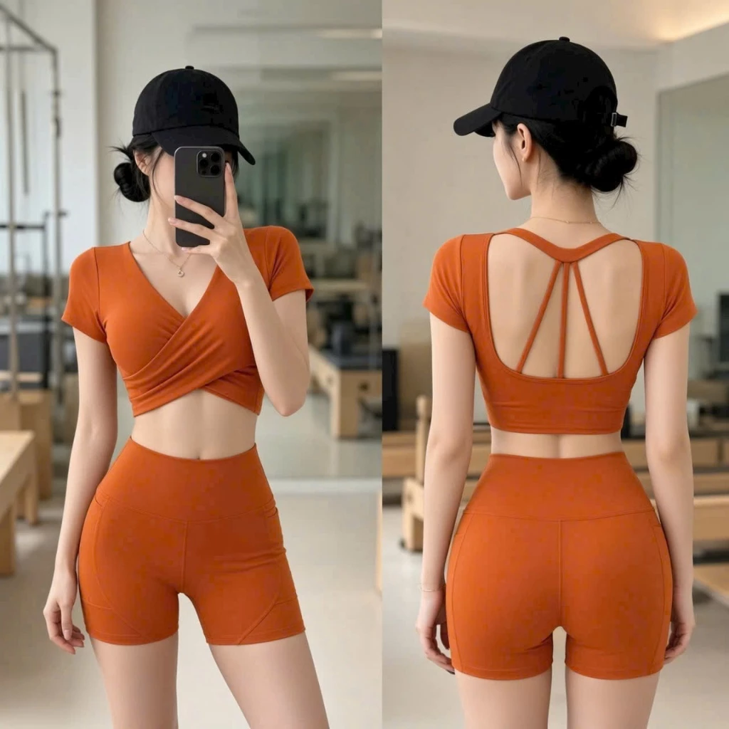 Bộ tập thể thao nữ, set bộ áo croptop mút đúc quần đùi lưng cao thun poly co giãn BT905
