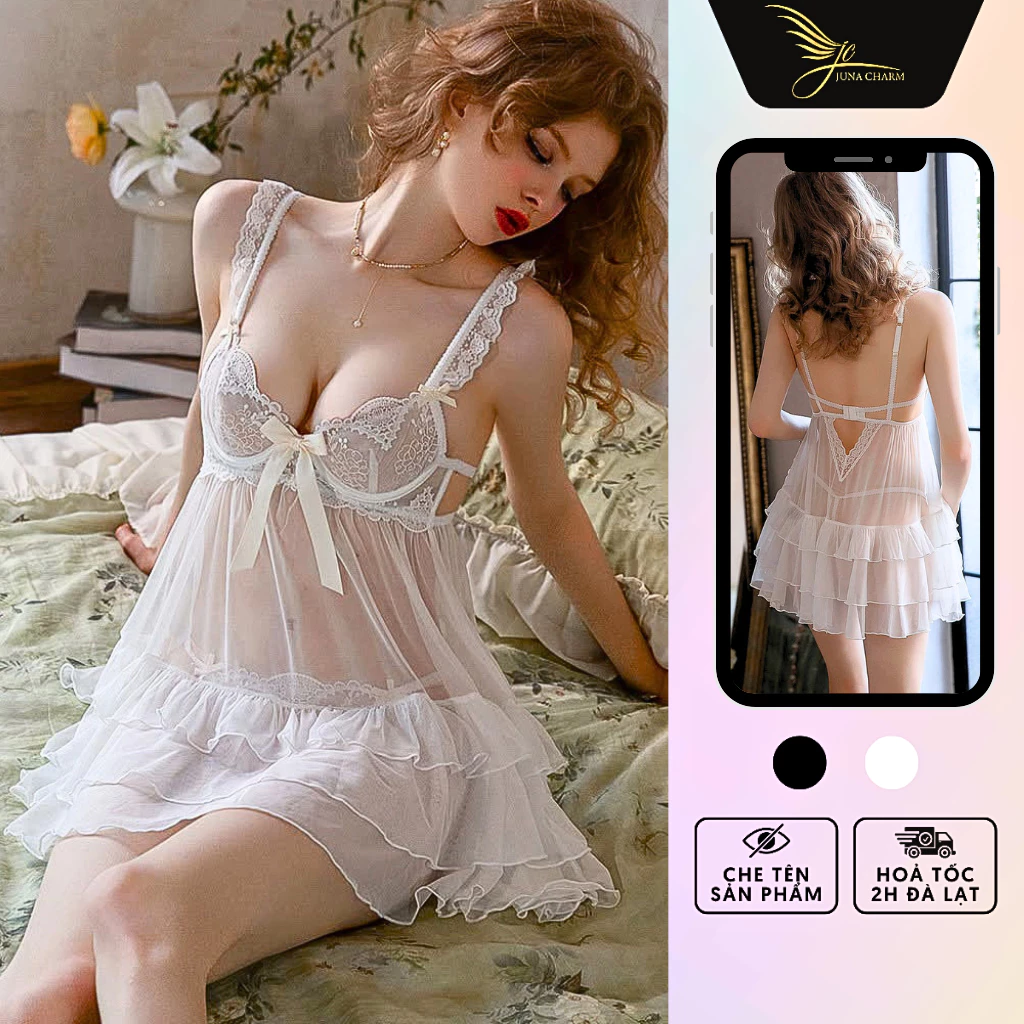 Váy Ngủ 2 Dây, Đầm Ngủ Nàng Thơ JUNA Freesize Thời Trang Đồ Ngủ Dành Cho Nữ, Chất Voan Phối Ren Tơ Mềm, Màu Trắng/SP6775