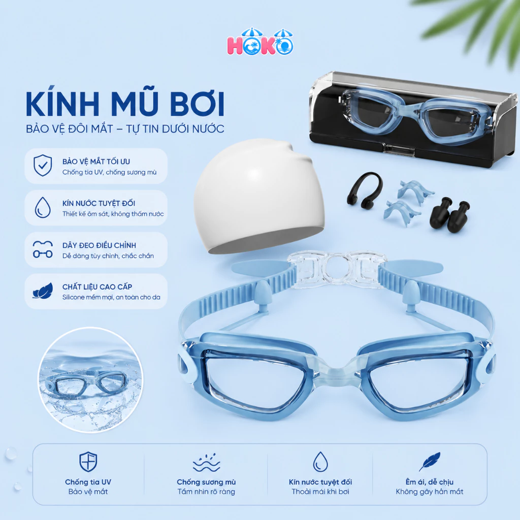 Kính Bơi Kèm Mũ Chống Thấm Nước Và Chống Sương Mù Mạ Điện Kèm Nút Bịt Tai