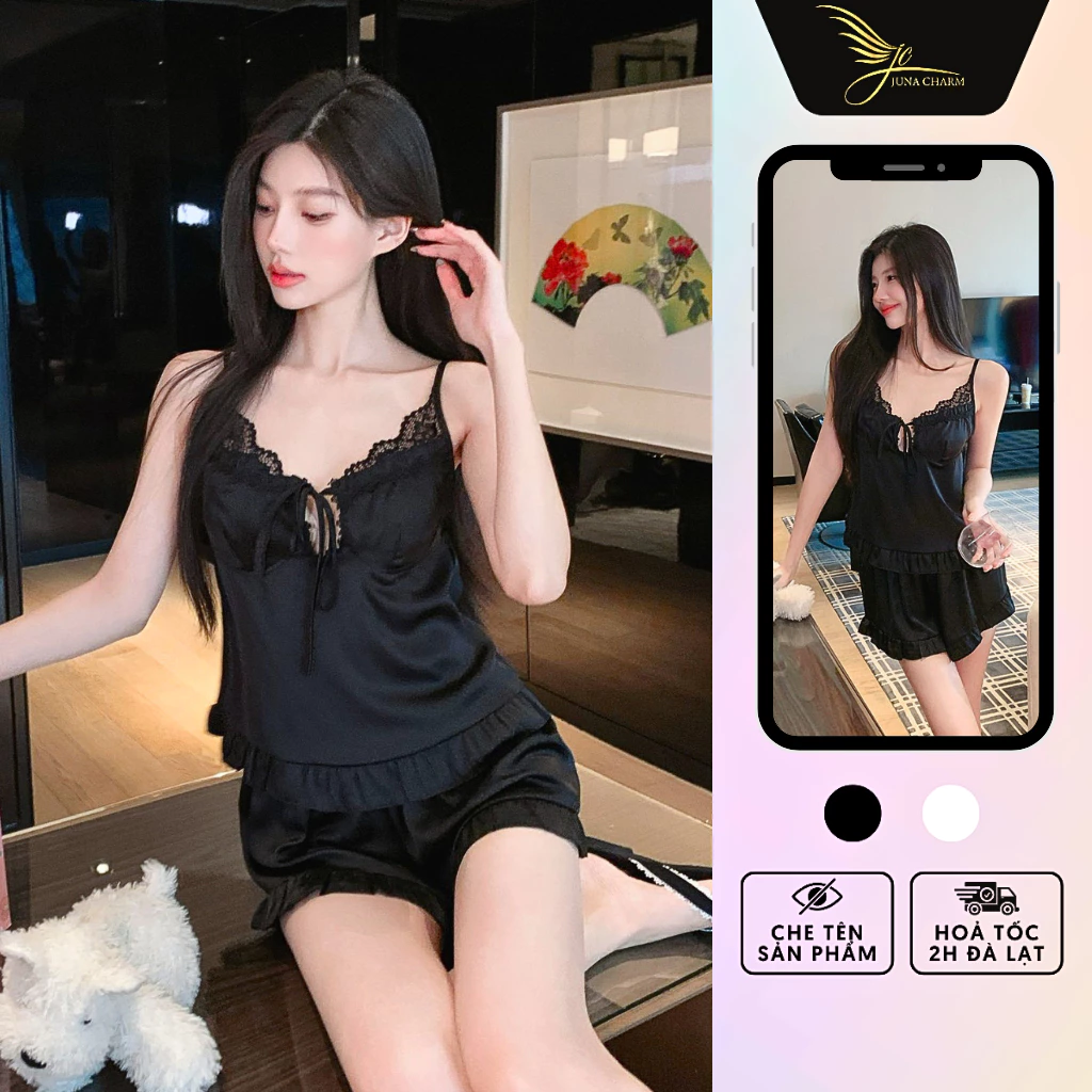 Bộ Ngủ 2 Dây Quần Đùi, Đồ Mặc Nhà Xinh Xắn JUNA Freesize Thời Trang Đồ Ngủ Dành Cho Nữ, Chất Lụa Phối Ren, Màu Đen/SP309