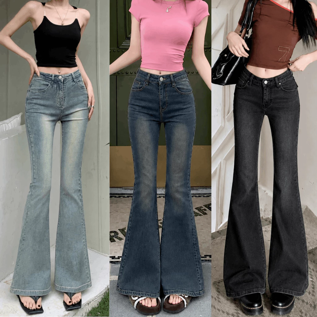 Quần Jean Nữ Ống Loe Xanh Xám WASH RETRO Cạp Cao Quần Bò Loe Co Giãn Ôm Eo Hack Chân Tôn Dáng Q22 BEU