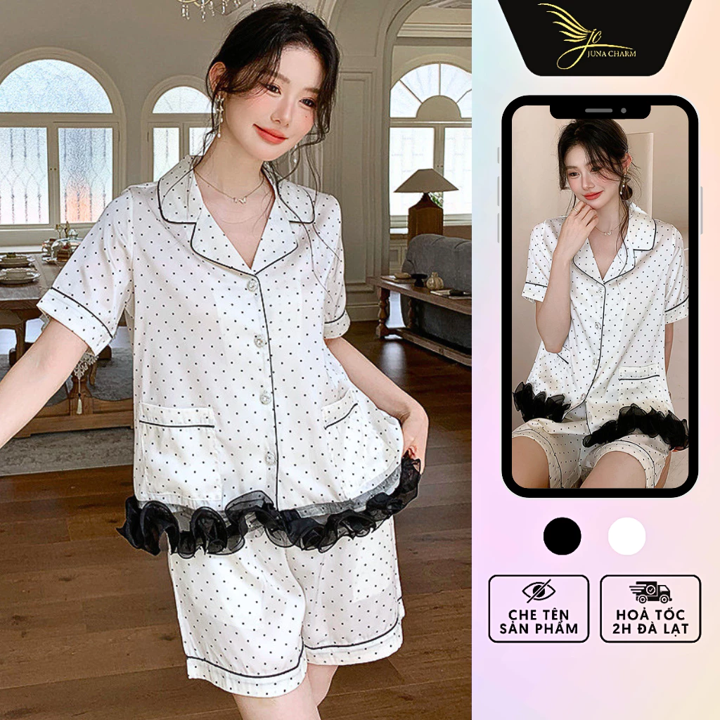 Bộ Pijama Mặc Nhà, Đồ Bộ Đùi JUNA Freesize Thời Trang Đồ Ngủ Dành Cho Nữ Chất Vải Lụa Phối Voan, Họa Tiết Chấm Bi/SP7549
