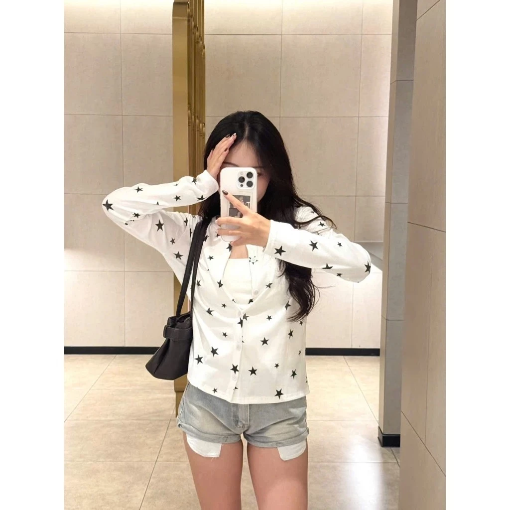 Áo Khoác Cardigan Dáng Vừa.Áo Thun Cúc Cài Họa Tiết Ngôi Sao Vải Thun Tăm Phong Cách Vintage