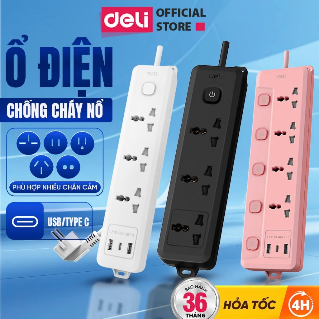 [HỎA TỐC] Ổ Điện Deli 2026 Ổ Cắm Điện Đa Năng Để Bàn Mẫu Mới Công Suất 2500W, Thông Minh Tích Hợp Cổng USB