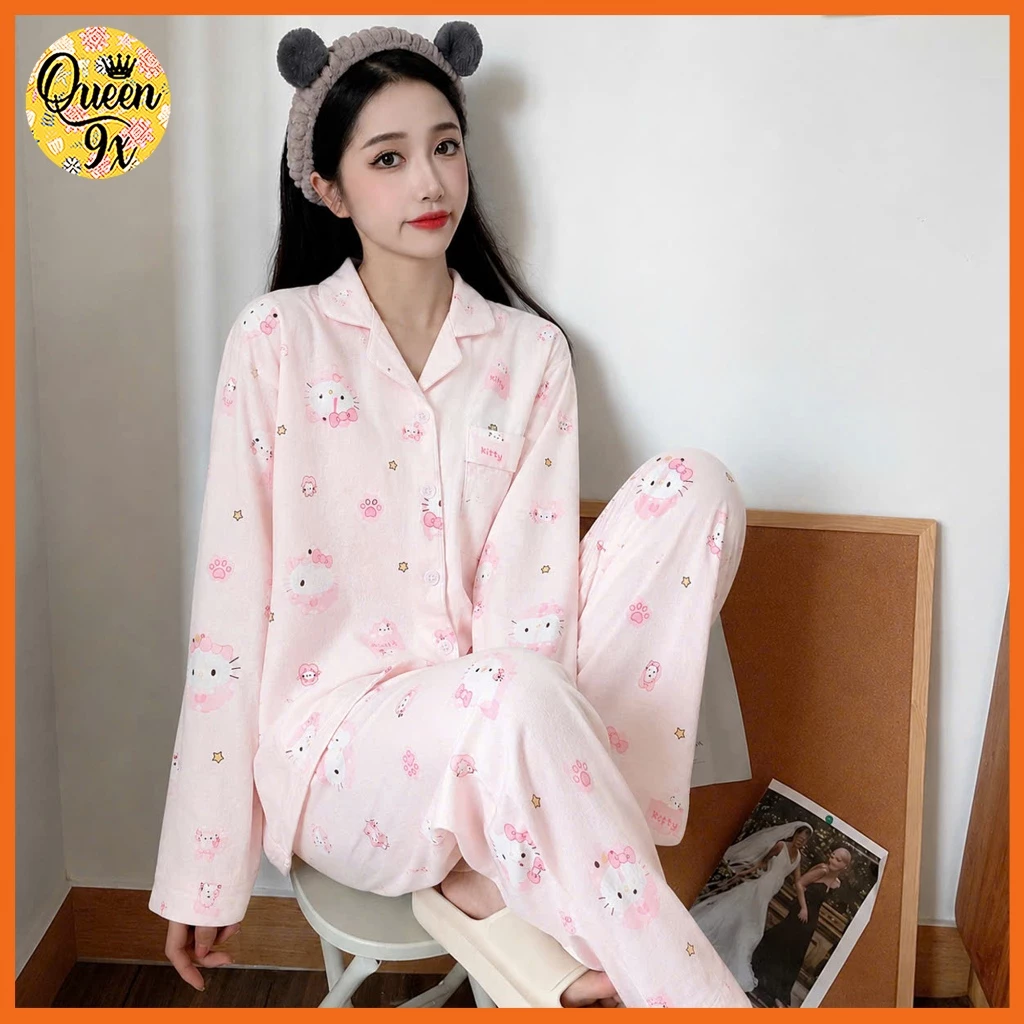 Bộ Pijama, Đồ Bộ Mặc Ở Nhà Cho Nữ Dáng Dài xinh xắn dễ thương kity bánh ngọt chất đẹp