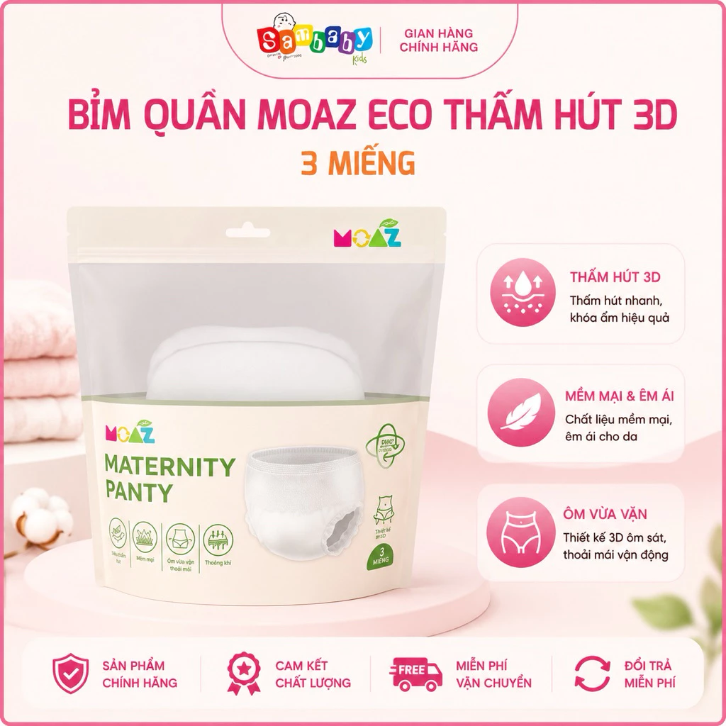 Bỉm quần Moaz Eco 3 miếng thấm hút 3D, chống tràn tuyệt đối SamBabykids