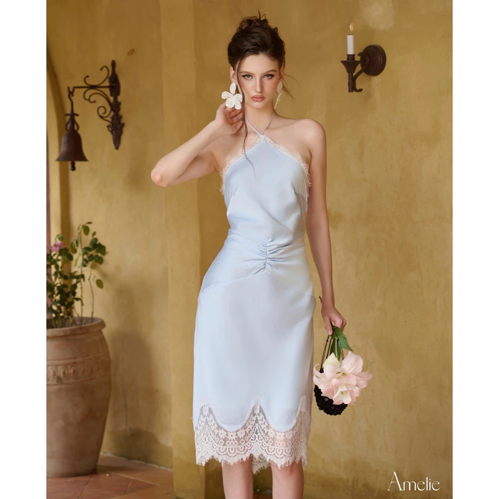 AMELIE - Váy lụa cổ yếm phối ren - Theresa dress Ame698