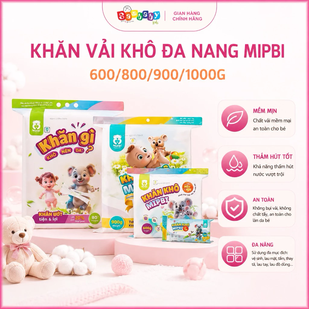 Khăn vải khô Mipbi chính hãng, khăn khô đa năng, cao cấp dành cho mẹ và bé 900gr