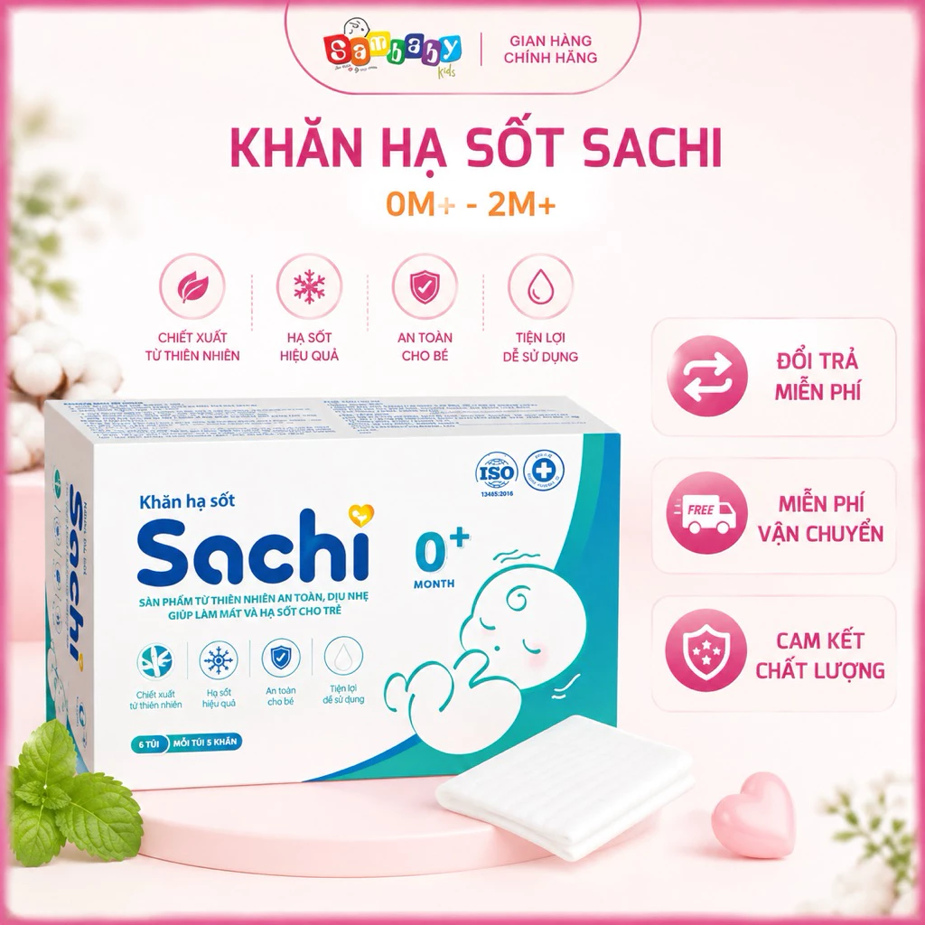 Khăn hạ sốt thảo dược Sachi giúp hạ nhiệt, giảm sốt, làm mát da, an toàn cho trẻ sơ sinh từ 0 tháng tuổi