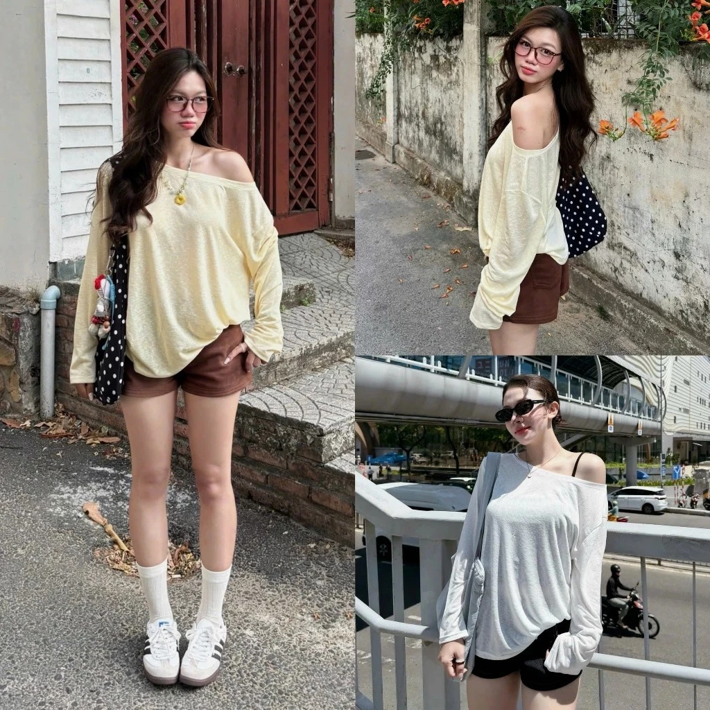 ( Sẵn Ship) Áo thun giấy mỏng lệch vai dáng rộng Paper Long Tee A157
