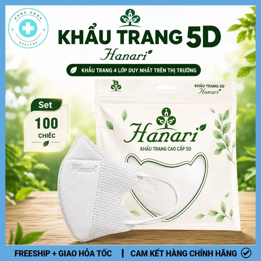Khẩu Trang 5D HANARI 4 Lớp Dày Dặn Duy Nhất Trên Thị Trường, Kháng Khuẩn Lọc Bụi Mịn Tia UV