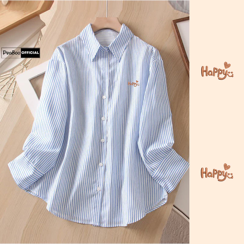Áo Sơ Mi Kẻ Thêu Chữ BST02 Flowers Dài Tay Unisex By PEABOO Form Rộng Thoáng Mát Dành Cho Nam Nữ