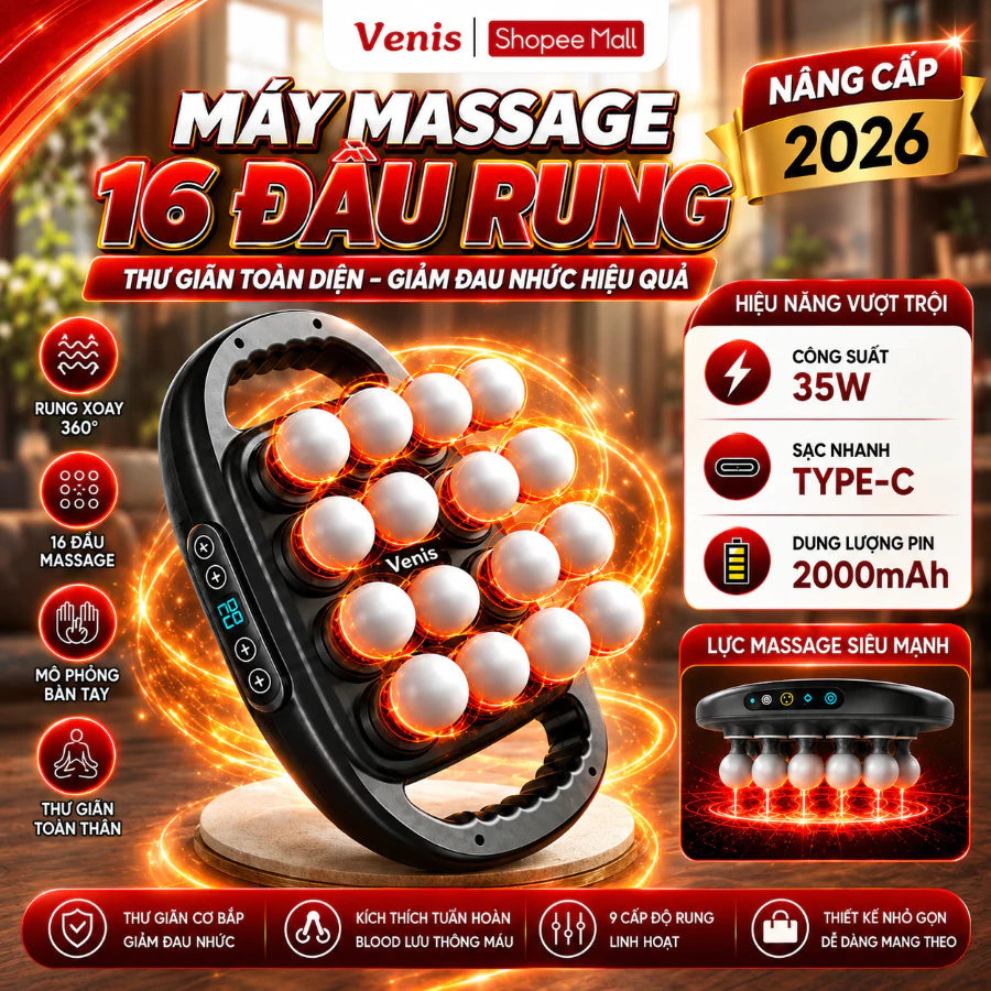 Máy Massage Cầm Tay 16 Đầu Đa Năng, 9 Chế Độ 9 Cấp Độ, Pin Sạc 2000mAh, Massage Thư Giãn Toàn Thân